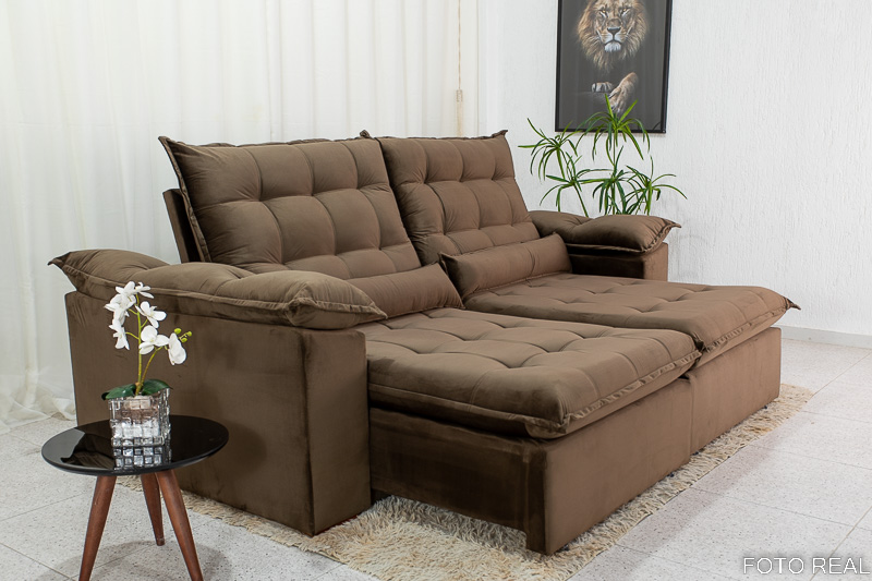 Sofá Retrátil Reclinável 2.30m Emanuelly Veludo Marrom - D28 Soft