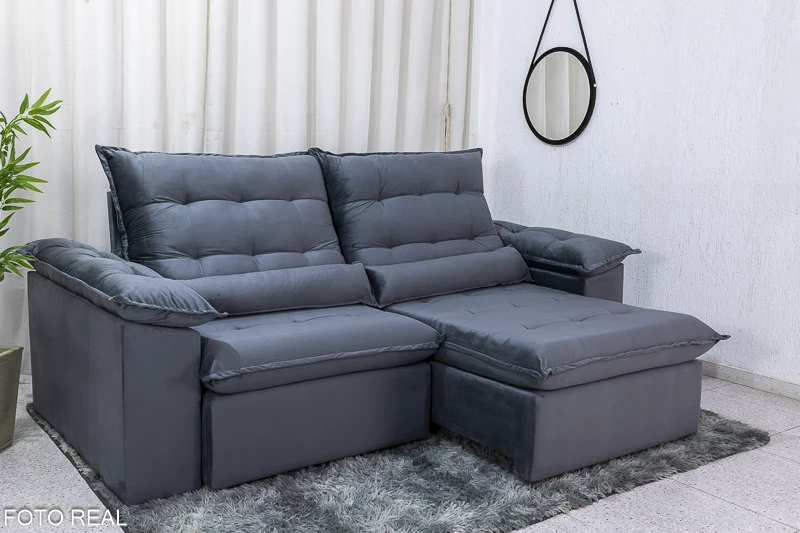 Sofá Retrátil Reclinável 2.30m Emanuelly Veludo Cinza - D28 Soft