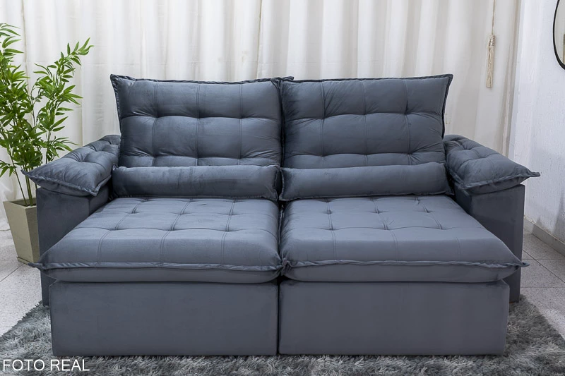 Sofá Retrátil Reclinável 2.30m Emanuelly Veludo Cinza - D28 Soft - Imagem 2