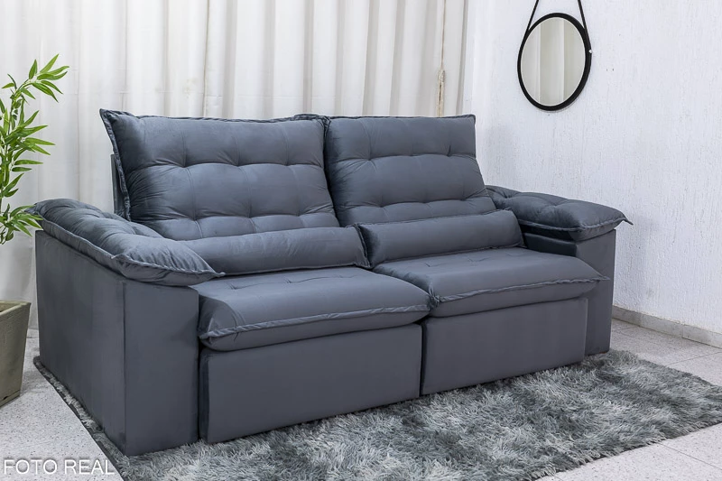 Sofá Retrátil Reclinável 2.30m Emanuelly Veludo Cinza - D28 Soft - Imagem 3