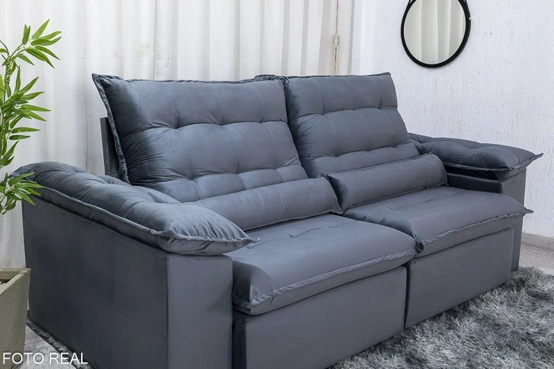 Sofá Retrátil Reclinável 2.30m Emanuelly Veludo Cinza - D28 Soft - Imagem 5