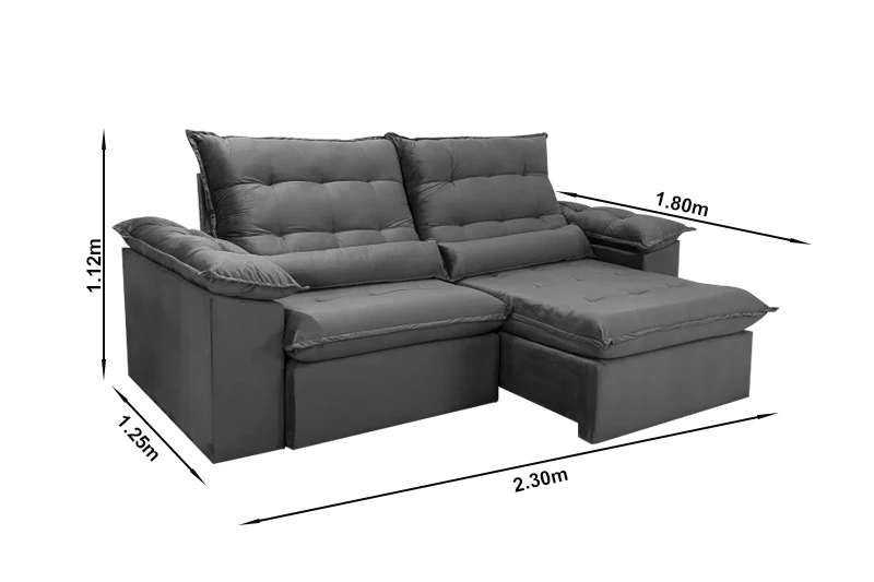 Sofá Retrátil Reclinável 2.30m Emanuelly Veludo Cinza - D28 Soft - Imagem 7