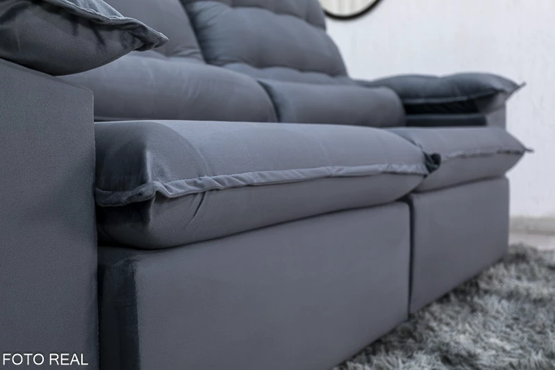Sofá Retrátil Reclinável 2.30m Emanuelly Veludo Cinza - D28 Soft - Imagem 8