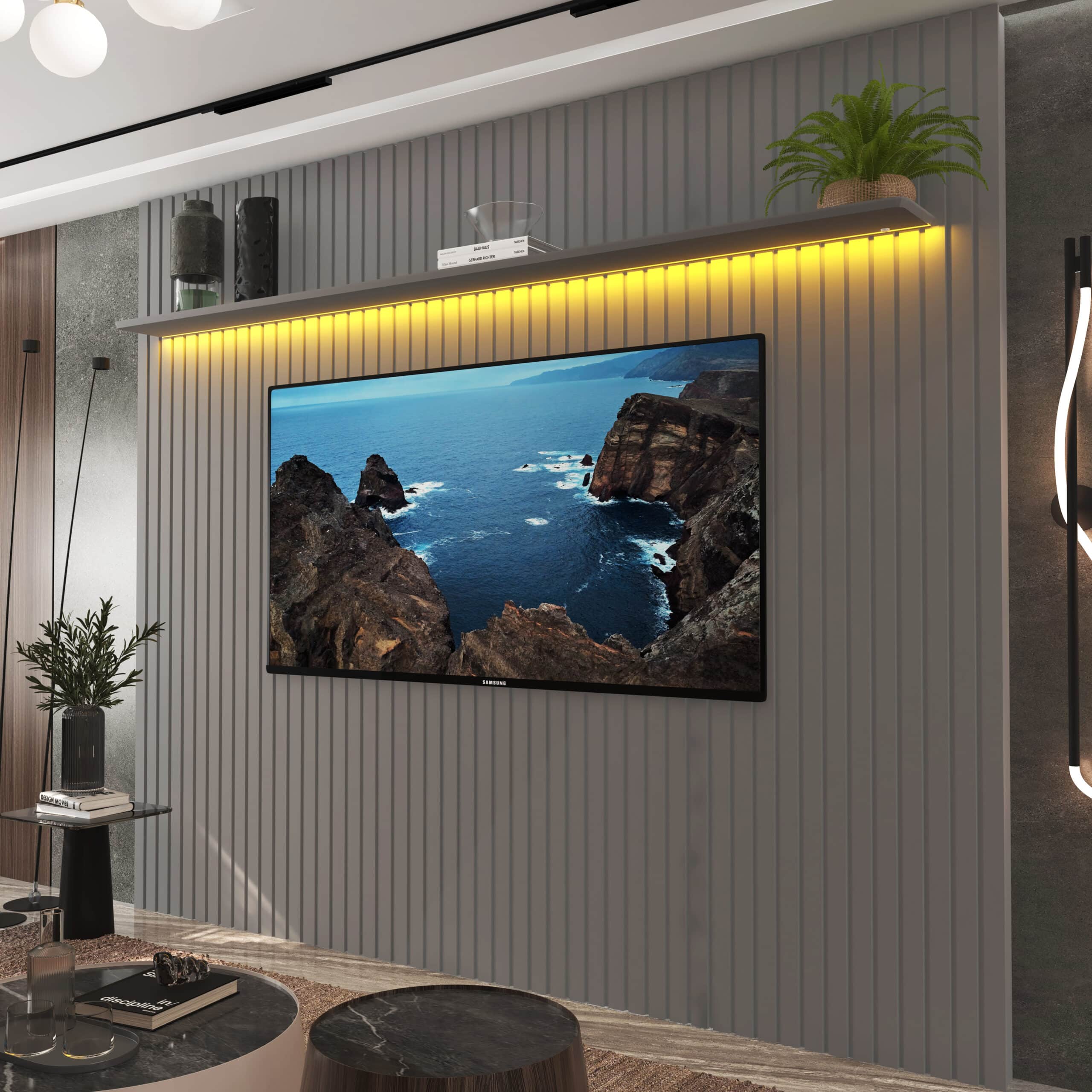 Painel até 85″ Nobre Ripado Larg. 2.30m Cinza – GELIUS - Imagem 2