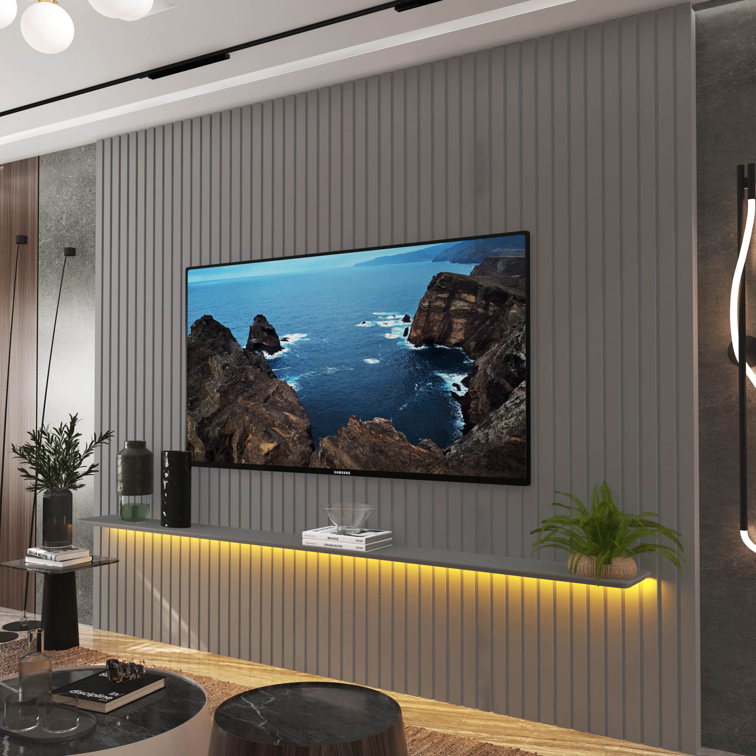 Painel até 85″ Nobre Ripado Larg. 2.30m Cinza – GELIUS