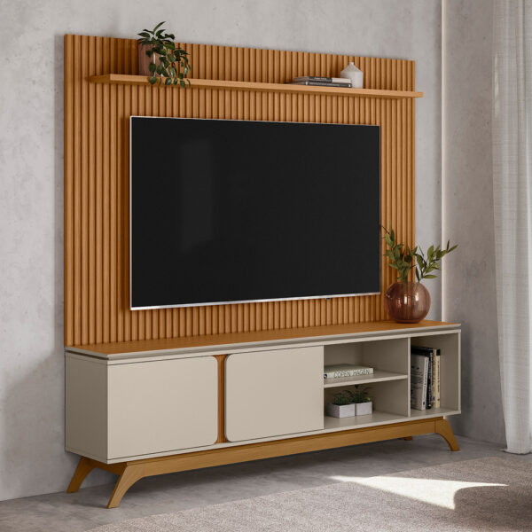 Painel até 75″ Gênova Larg. 2.00m Nature + Rack Istambul Nature/Off White – LINEA BRASIL