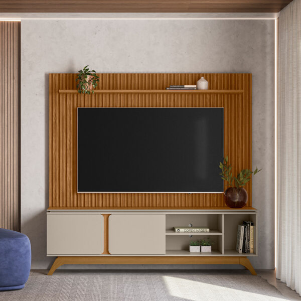 Alternative view of Painel até 75″ Gênova Larg. 2.00m Nature + Rack Istambul Nature/Off White – LINEA BRASIL