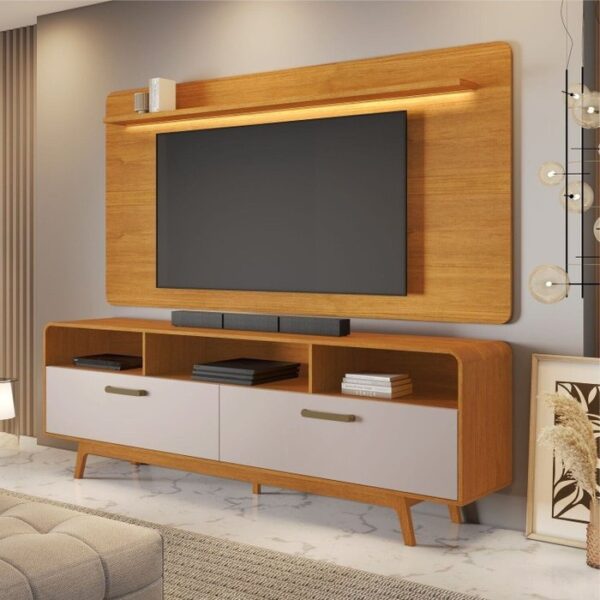 Alternative view of Painel até 70″ Cristal Larg. 2.00m Cinamono + Rack Cristal Cinamono/Off White – JCM MOVELARIA