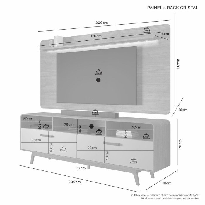 Painel até 70″ Cristal Larg. 2.00m Cinamono + Rack Cristal Cinamono/Off White – JCM MOVELARIA - Imagem 4