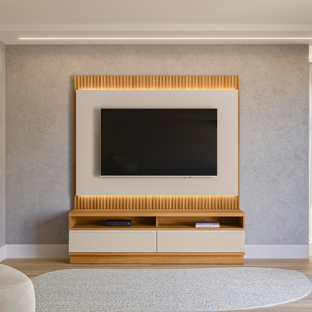 Painel até 70″ + Rack São Paulo Larg. 1.80m Tauari/Off White Fosco – LINEA BRASIL
