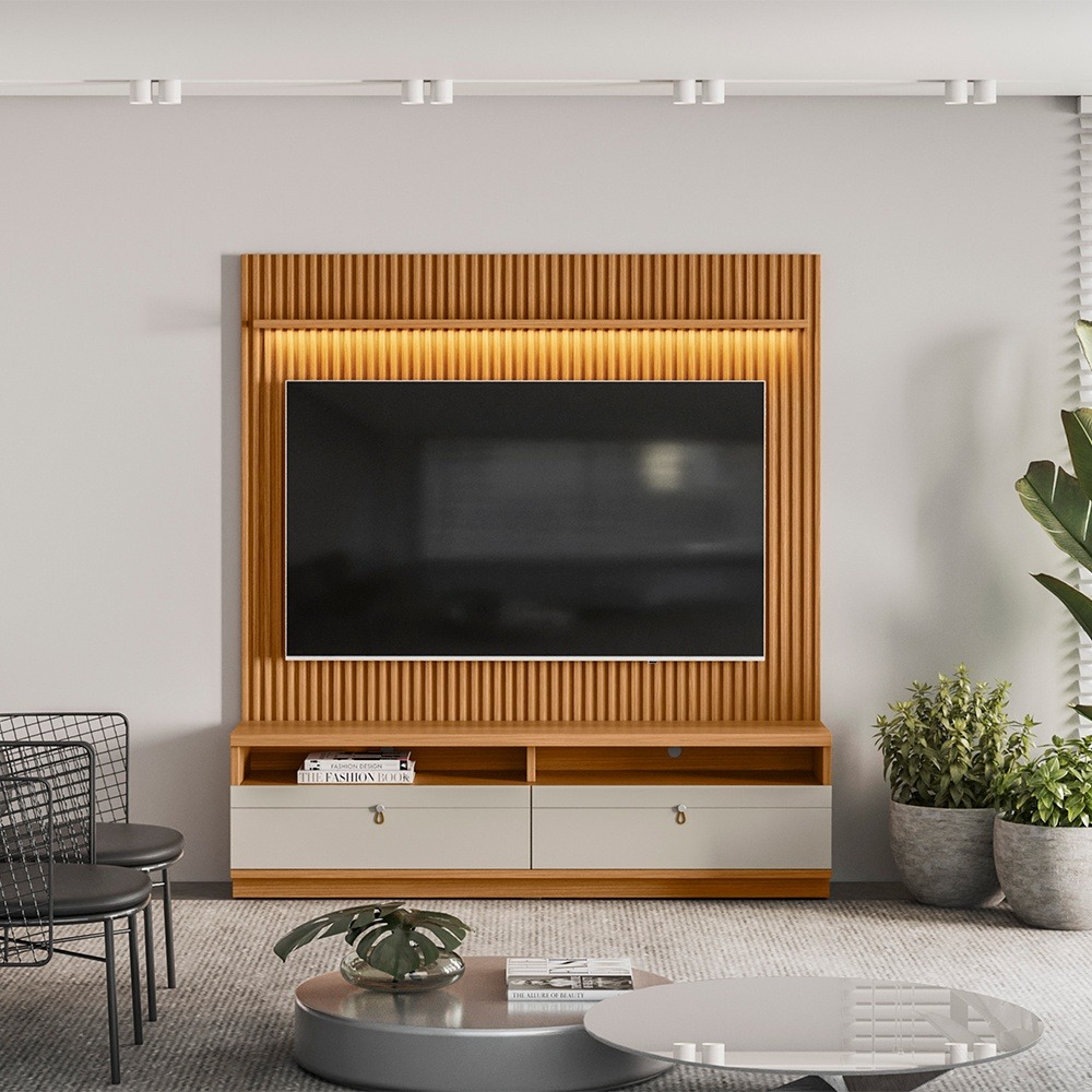 Painel + Rack até 75″ Ouro Preto Larg. 1.80m Nature/Off White – LINEA BRASIL