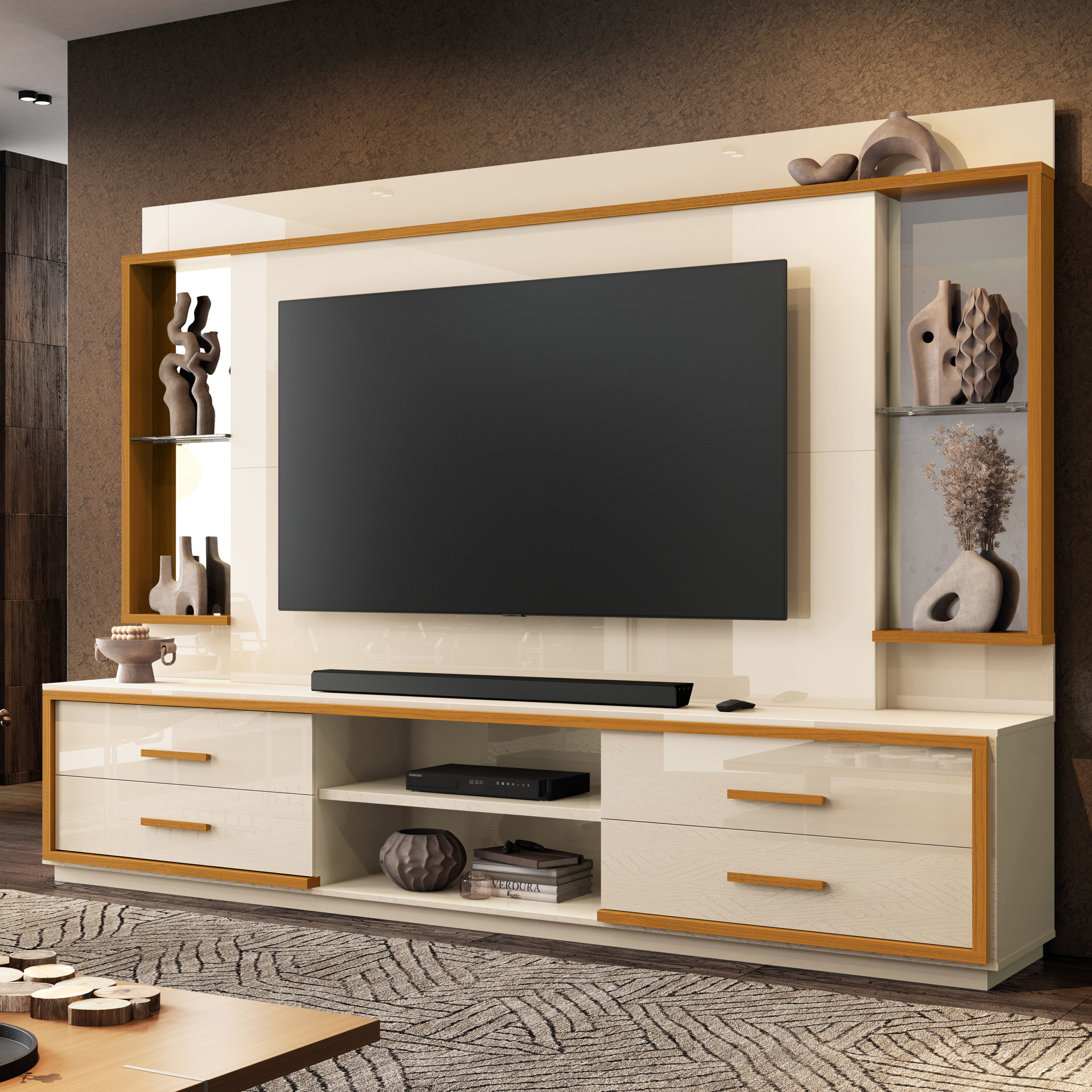 Home Theater até 75” Leni Larg. 2.40m Off White/Cedro Natural – EDN MÓVEIS