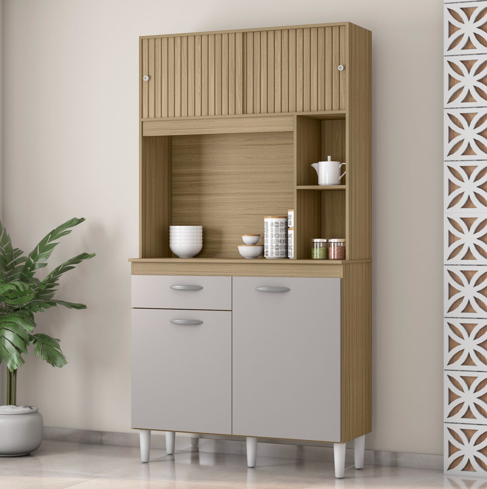 Kit Cozinha Duda Larg. 0.90m Damasco/Ripado/Off White – POQUEMA