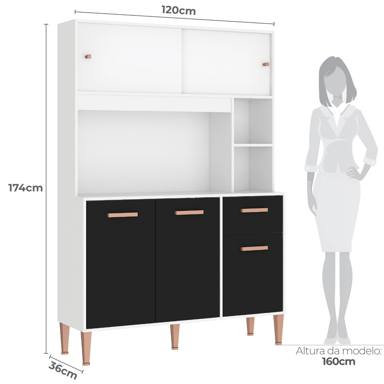 Kit Cozinha Pérola C212 1,20 m Branco/Preto – FELLICCI - Imagem 2