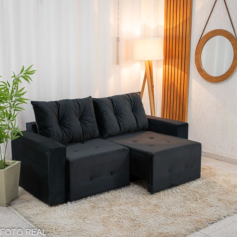 Sofá Retrátil Havaí 1.80m Veludo Preto - Sem Caixa