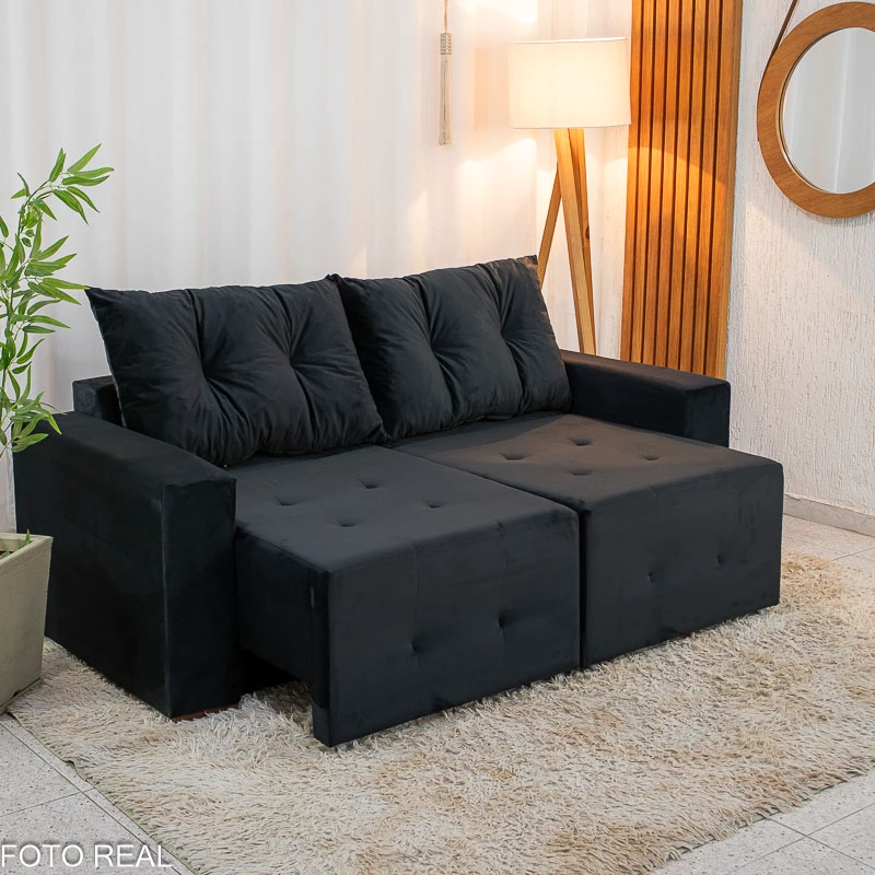 Sofá Retrátil Havaí 1.80m Veludo Preto - Sem Caixa - Imagem 2