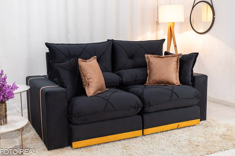 Sofá Retrátil Reclinável Gran Bello 2.00m Veludo Preto - Molas Ensacadas - Imagem 2