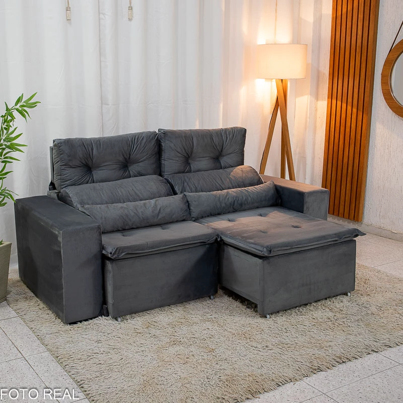Sofá Retrátil Reclinável Bia 1.95m Veludo Cinza - D28