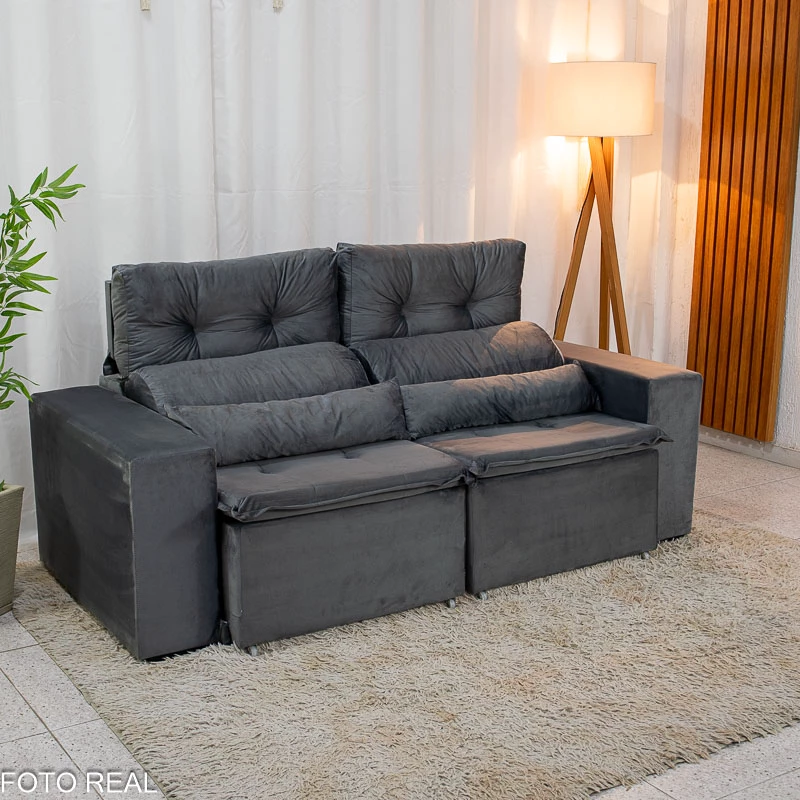 Sofá Retrátil Reclinável Bia 1.95m Veludo Cinza - D28 - Imagem 3
