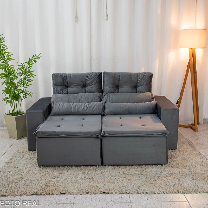 Sofá Retrátil Reclinável Bia 1.95m Veludo Cinza - D28 - Imagem 5