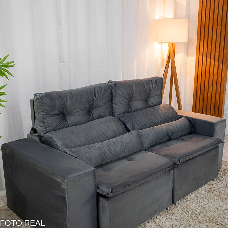 Sofá Retrátil Reclinável Bia 1.95m Veludo Cinza - D28 - Imagem 9