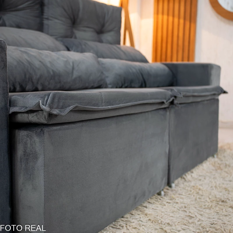Sofá Retrátil Reclinável Bia 1.95m Veludo Cinza - D28 - Imagem 6
