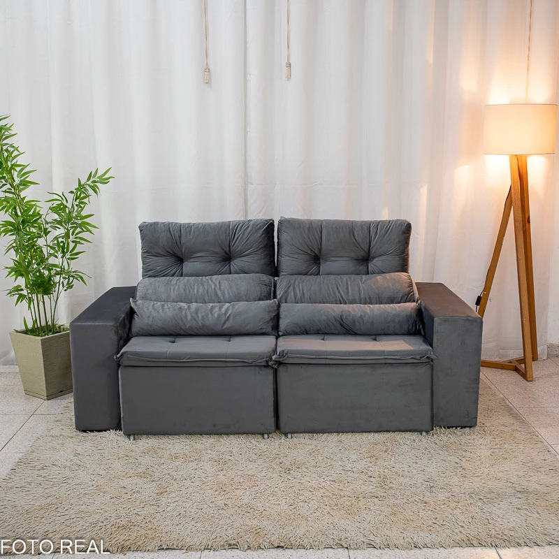 Sofá Retrátil Reclinável Bia 1.95m Veludo Cinza - D28 - Imagem 8