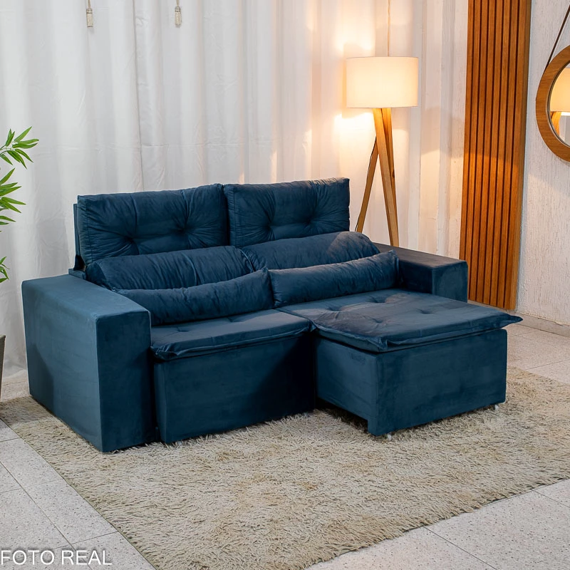 Sofá Retrátil Reclinável Bia 1.95m Veludo Azul - D28