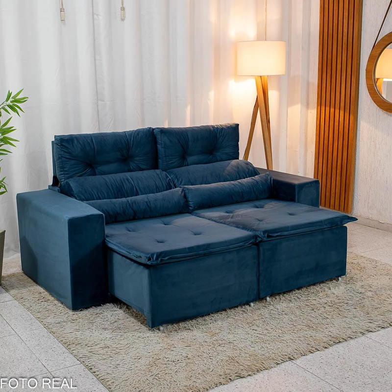 Sofá Retrátil Reclinável Bia 1.95m Veludo Azul - D28 - Imagem 6