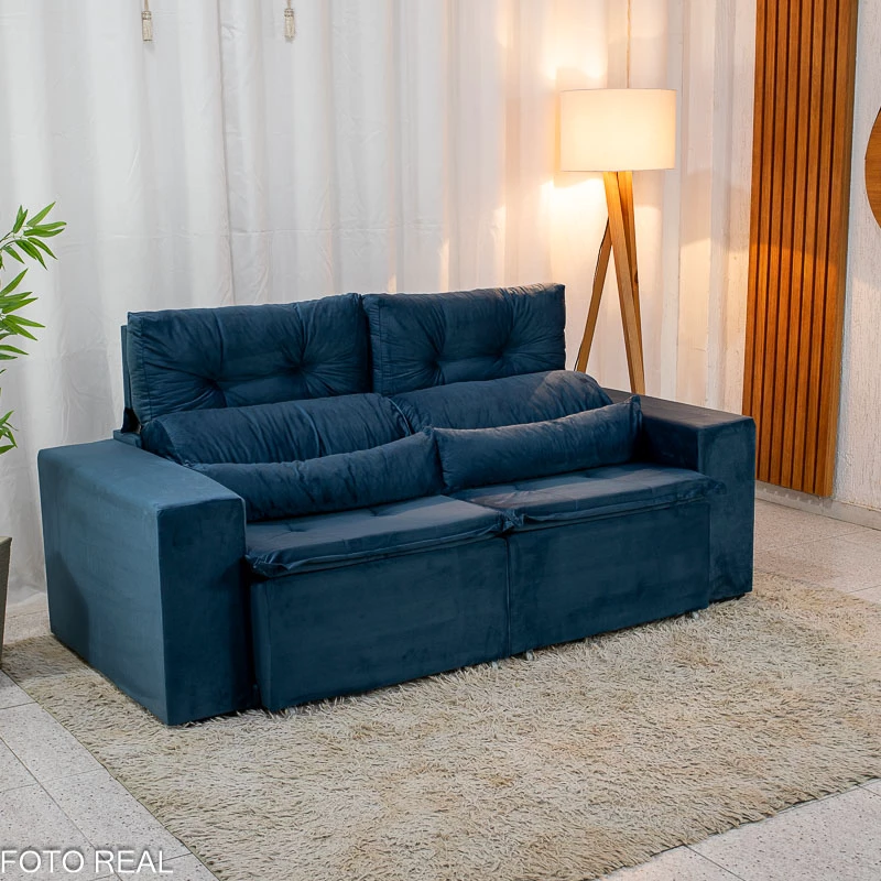 Sofá Retrátil Reclinável Bia 1.95m Veludo Azul - D28 - Imagem 5