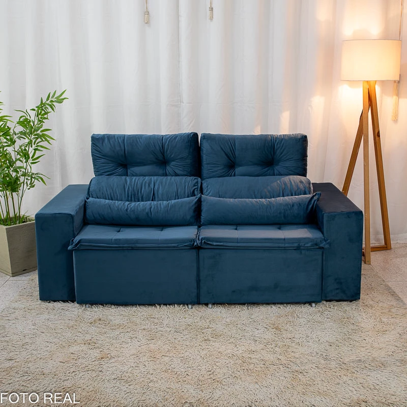 Sofá Retrátil Reclinável Bia 1.95m Veludo Azul - D28 - Imagem 8