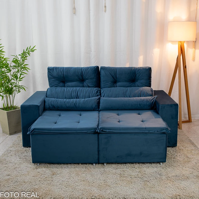 Sofá Retrátil Reclinável Bia 1.95m Veludo Azul - D28 - Imagem 9