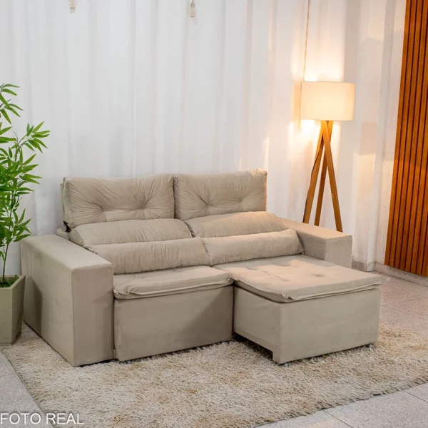 Sofá Retrátil Reclinável Bia 1.95m Veludo Bege - D28