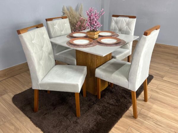 Mesa de Jantar Dakota Plus 0.90×0.90 c/ 4 Cadeiras Jasmim – Cinamomo/Off White/Bege Veludo
