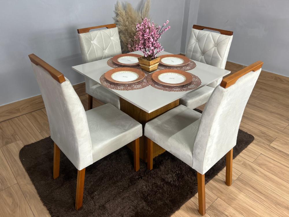 Mesa de Jantar Dakota Plus 0.90×0.90 c/ 4 Cadeiras Jasmim – Cinamomo/Off White/Bege Veludo - Imagem 4