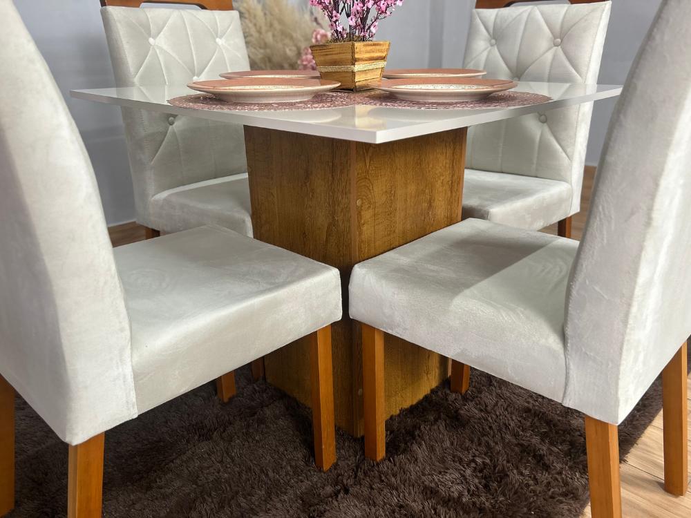 Mesa de Jantar Dakota Plus 0.90×0.90 c/ 4 Cadeiras Jasmim – Cinamomo/Off White/Bege Veludo - Imagem 5