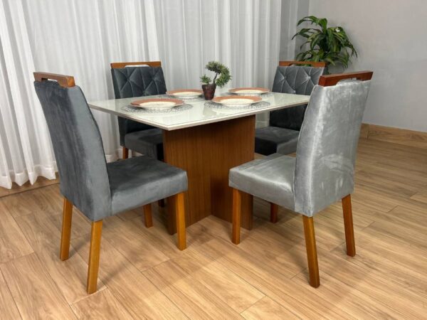 Mesa de Jantar Helo 1.20×0.90 Com 4 Cadeiras Jasmim – Mel/Off White/Cinza Veludo