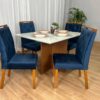 Mesa de Jantar Helo 1.20×0.90 Com 4 Cadeiras Jasmim – Mel/Off White/Azul Veludo