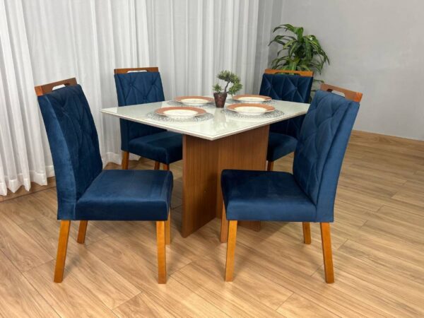 Mesa de Jantar Helo 1.20×0.90 Com 4 Cadeiras Jasmim – Mel/Off White/Azul Veludo