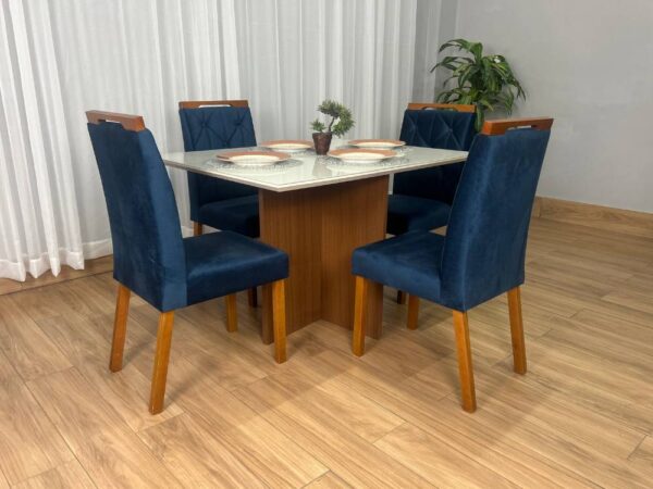 Alternative view of Mesa de Jantar Helo 1.20×0.90 Com 4 Cadeiras Jasmim – Mel/Off White/Azul Veludo