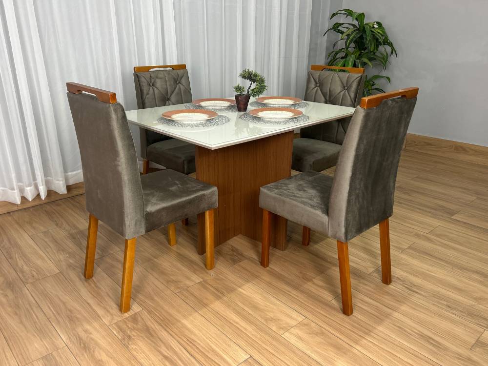 Mesa de Jantar Helo 1.20×0.90 Com 4 Cadeiras Jasmim – Mel/Off White/Marrom Veludo