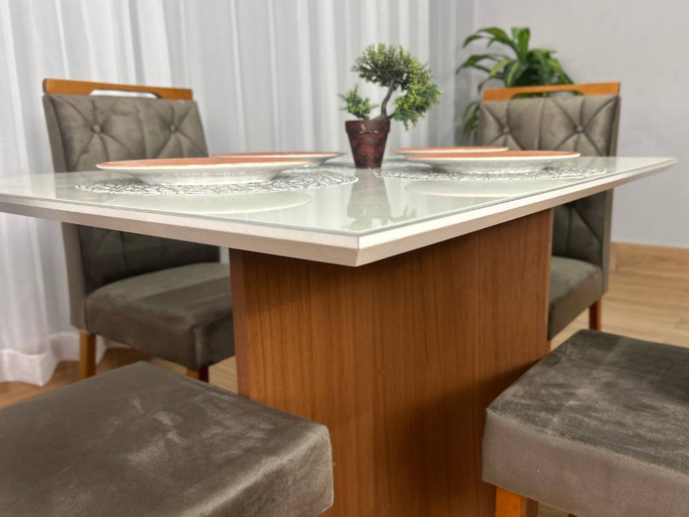Mesa de Jantar Helo 1.20×0.90 Com 4 Cadeiras Jasmim – Mel/Off White/Marrom Veludo - Imagem 2