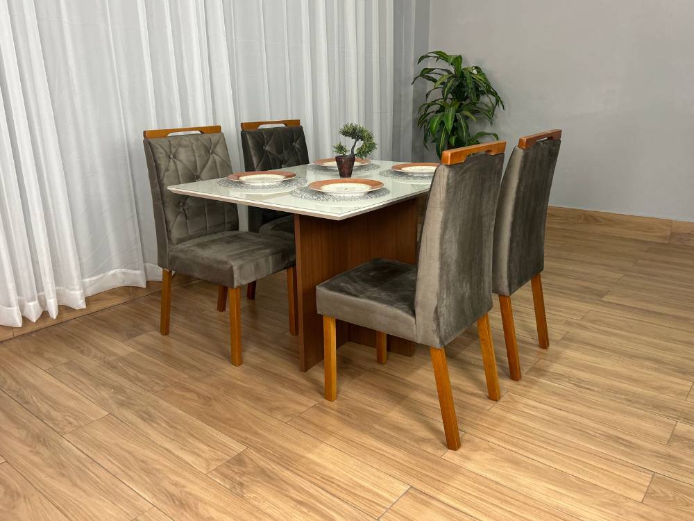 Mesa de Jantar Helo 1.20×0.90 Com 4 Cadeiras Jasmim – Mel/Off White/Marrom Veludo - Imagem 7