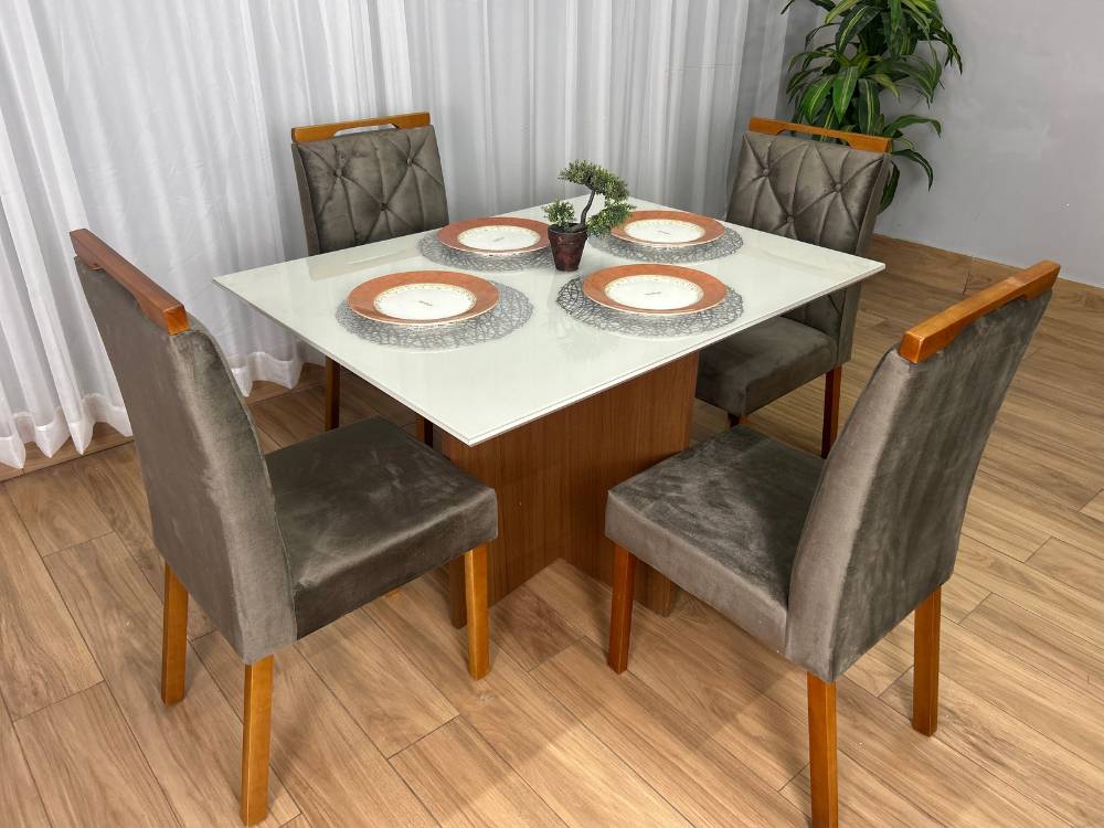 Mesa de Jantar Helo 1.20×0.90 Com 4 Cadeiras Jasmim – Mel/Off White/Marrom Veludo - Imagem 5