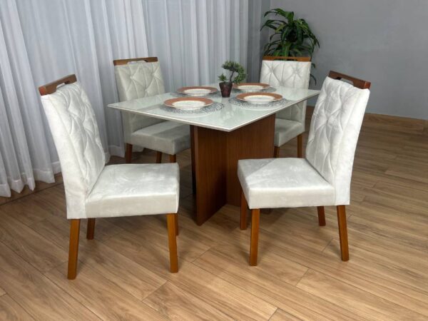 Mesa de Jantar Helo 1.20×0.90 Com 4 Cadeiras Jasmim – Mel/Off White/Bege Veludo