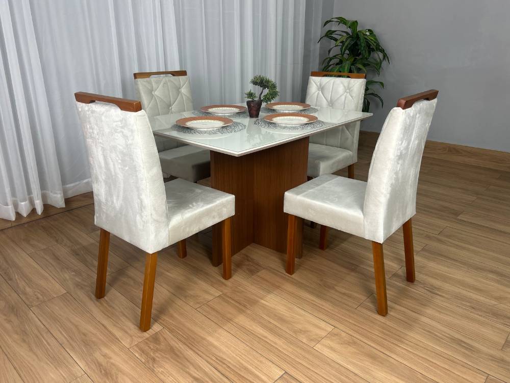 Mesa de Jantar Helo 1.20×0.90 Com 4 Cadeiras Jasmim – Mel/Off White/Bege Veludo - Imagem 3