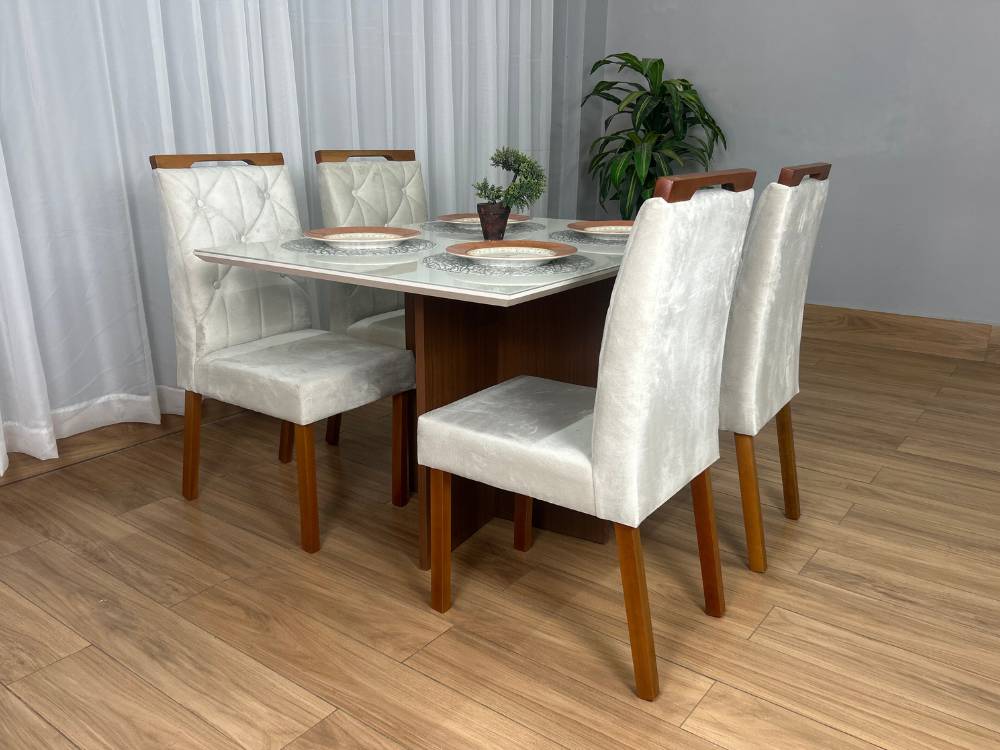 Mesa de Jantar Helo 1.20×0.90 Com 4 Cadeiras Jasmim – Mel/Off White/Bege Veludo - Imagem 8