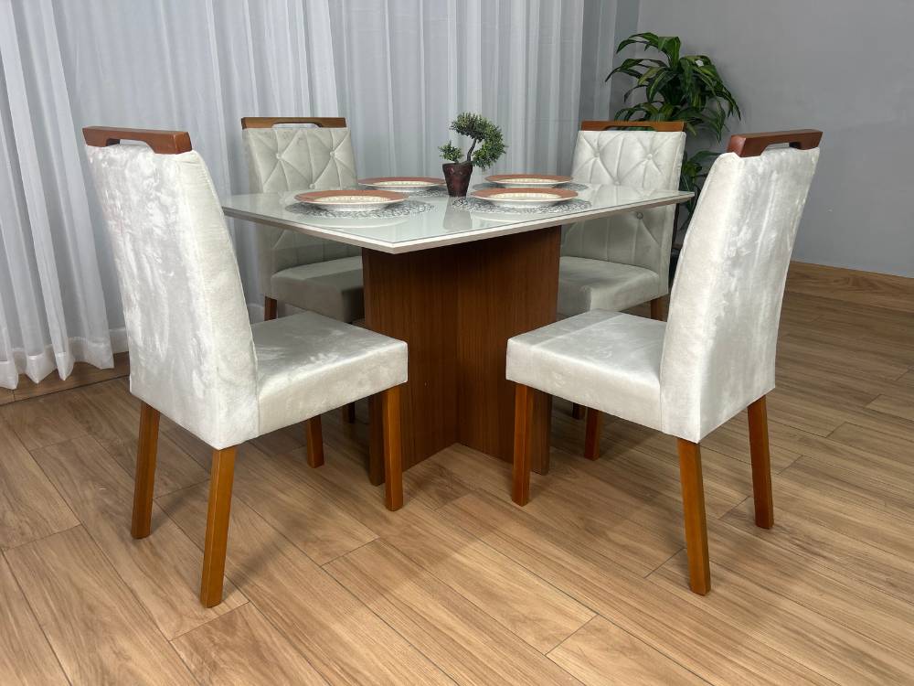Mesa de Jantar Helo 1.20×0.90 Com 4 Cadeiras Jasmim – Mel/Off White/Bege Veludo - Imagem 9