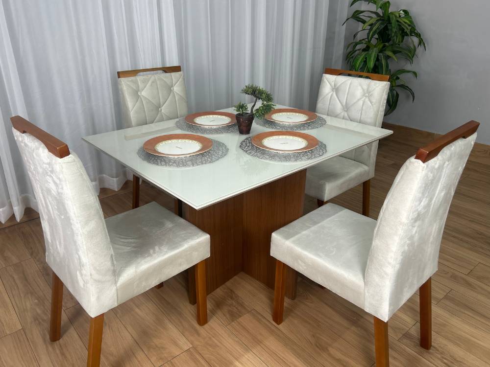 Mesa de Jantar Helo 1.20×0.90 Com 4 Cadeiras Jasmim – Mel/Off White/Bege Veludo - Imagem 10