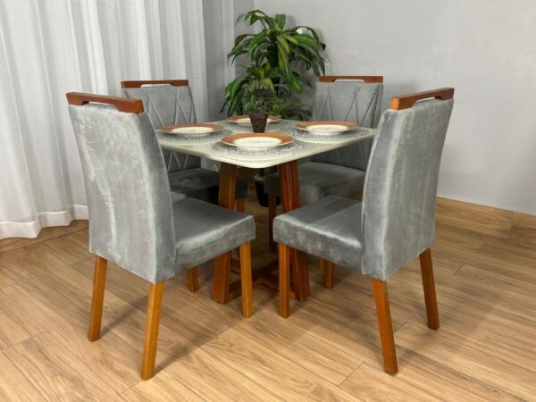 Mesa de Jantar Bali 90×90 Com 4 Cadeiras Isa – Cinamomo/Off White/Cinza Veludo